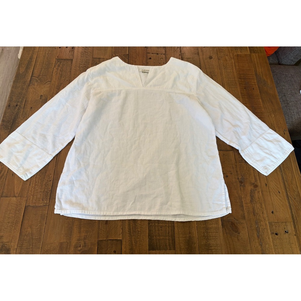 Orvis White Linen Blend Notched V-Neck Tunic Blouse Top Womens Large L - Picture 2 of 6